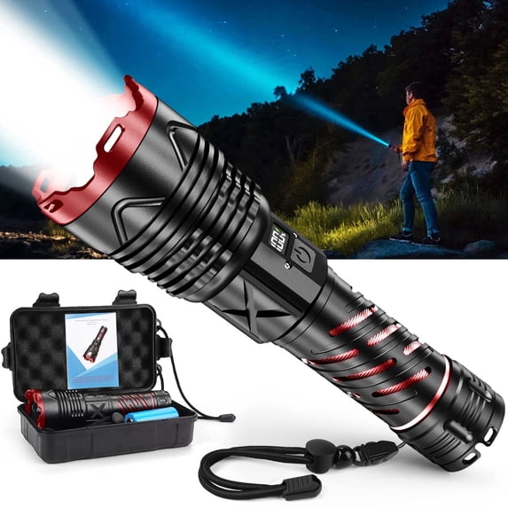Juyafio Rechargeable Flashlight, 300,000 High Lumen,5 Light Modes, USB-C Fast Charging, Waterproof Portable Flashlight for Camping, Emergency, Home and Outdoor Use (Red)