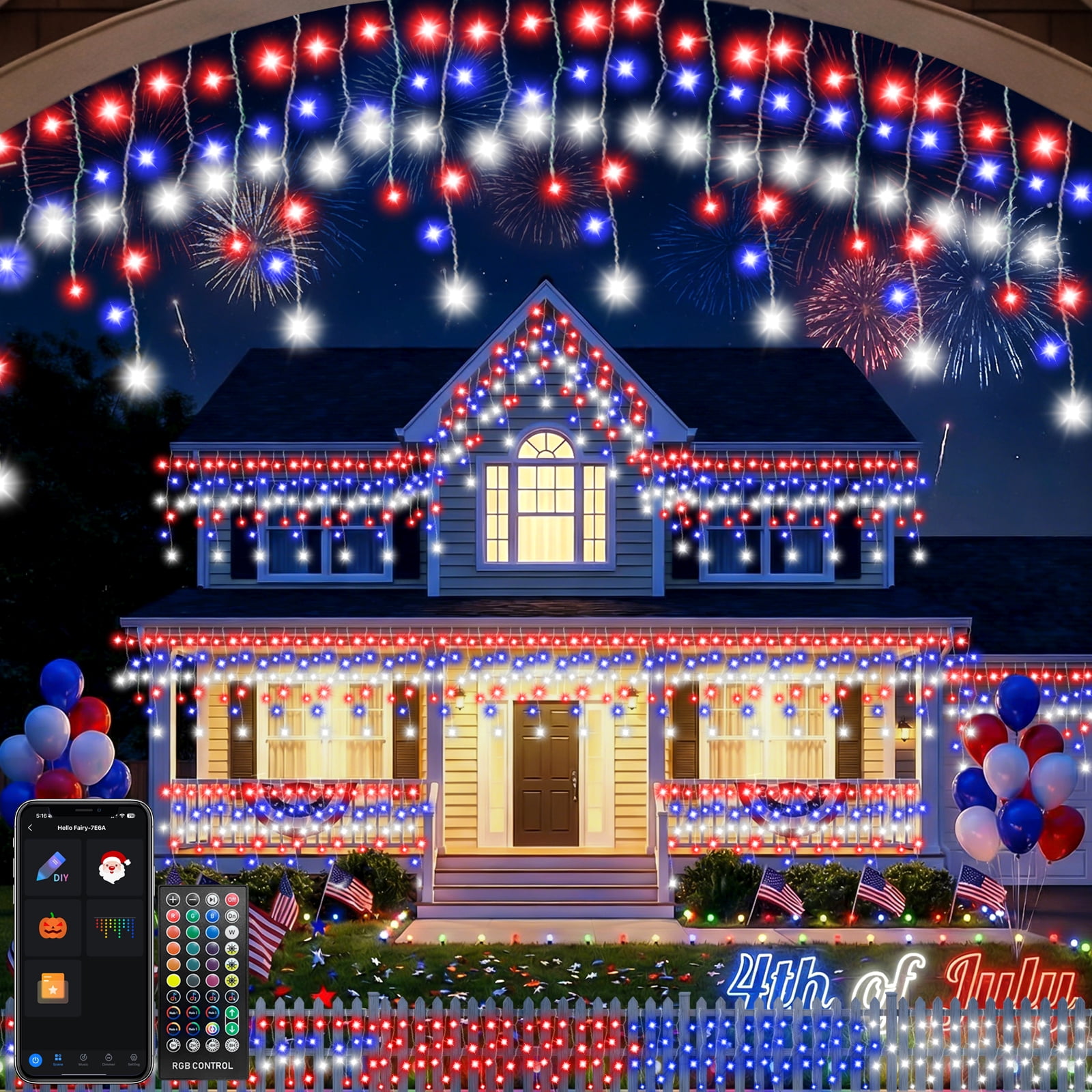 99FT 897 LED Smart Icicle Lights 4th of July Patriotic Decorations RGB Color Changing APP & Remote Control Music Sync Timer Waterproof Outdoor Lights for Independence Day Patio Roof Yard