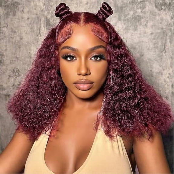 99J Burgundy Bob Wig Human Hair 13x6 Deep Curly Wave Lace Frontal Red Colored, 200 Density Short Wigs for Women Pre Plucked with Hair Hairline (16 Inch)