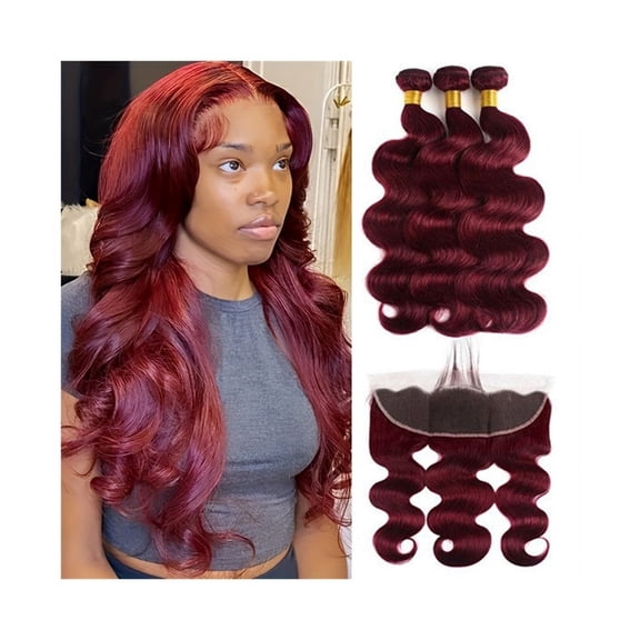 99J Burgundy Human Hair Bundle with Frontal Double Weft Brazilian Remy Hair Weave Body Wave 2/3/4 Bundle with 13x4 Lace Frontal