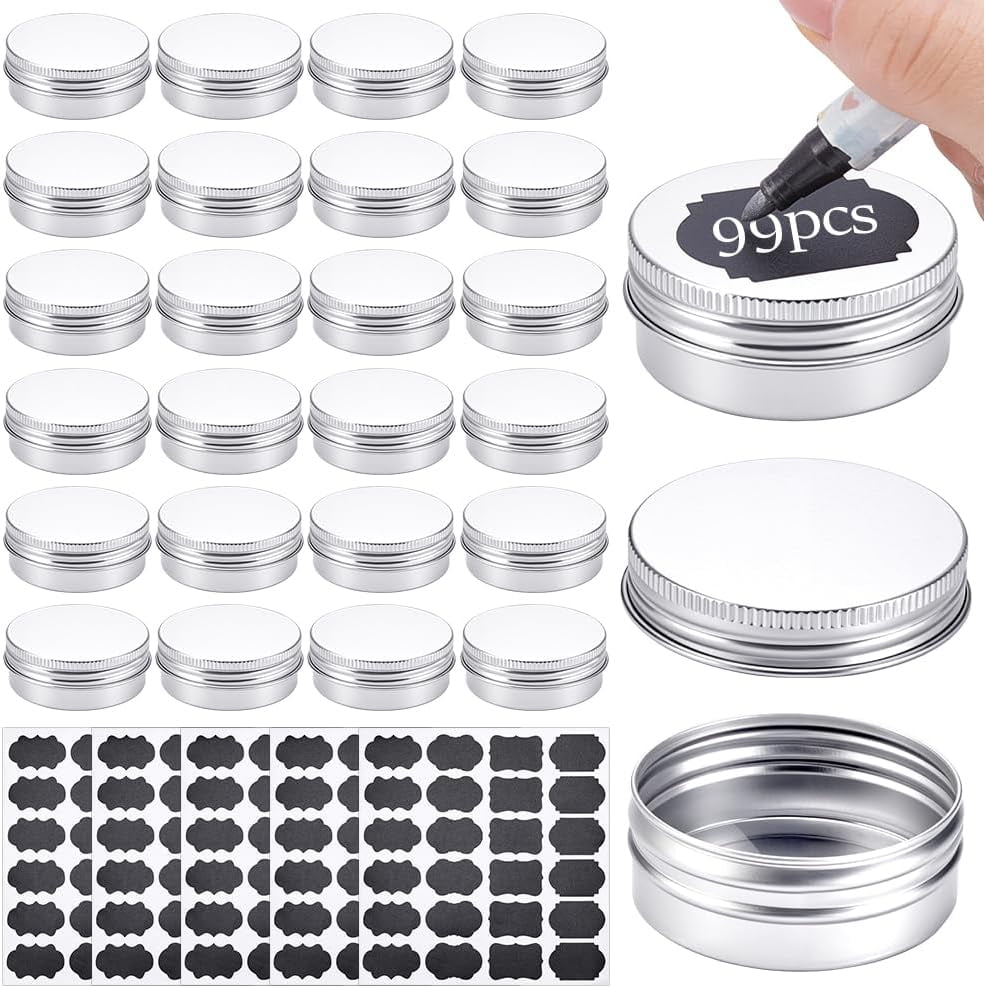 99Pcs Round Tin Cans 1 oz/30ml Aluminum Containers with Screw Lid Small Tins with 5 Sheets Paper Label Travel Cosmetic Containers