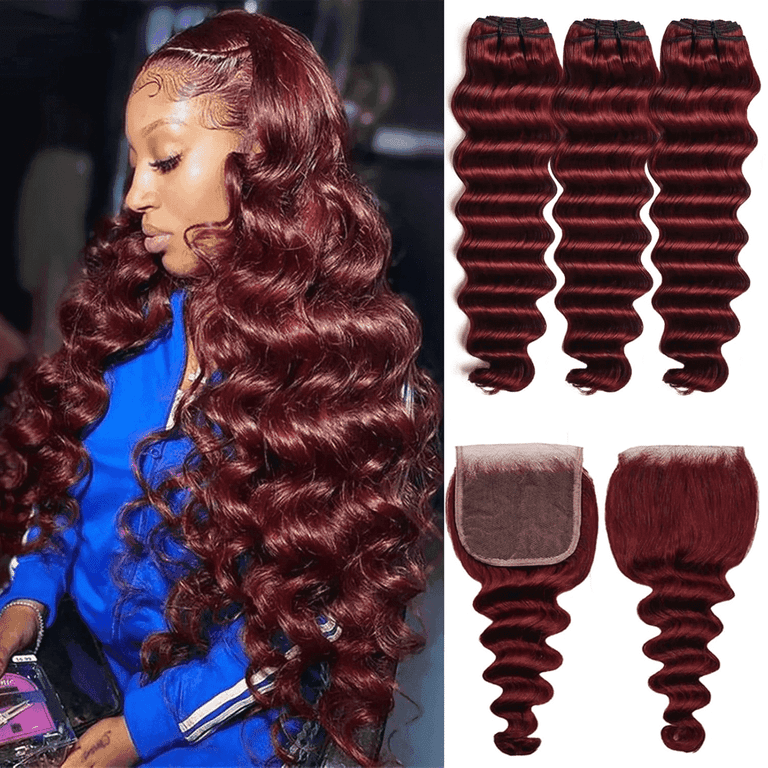 99j Burgundy Human Hair Bundles With 4x4 Lace Closure Loose Deep Wave Bundles Human Hair For Women Walmart