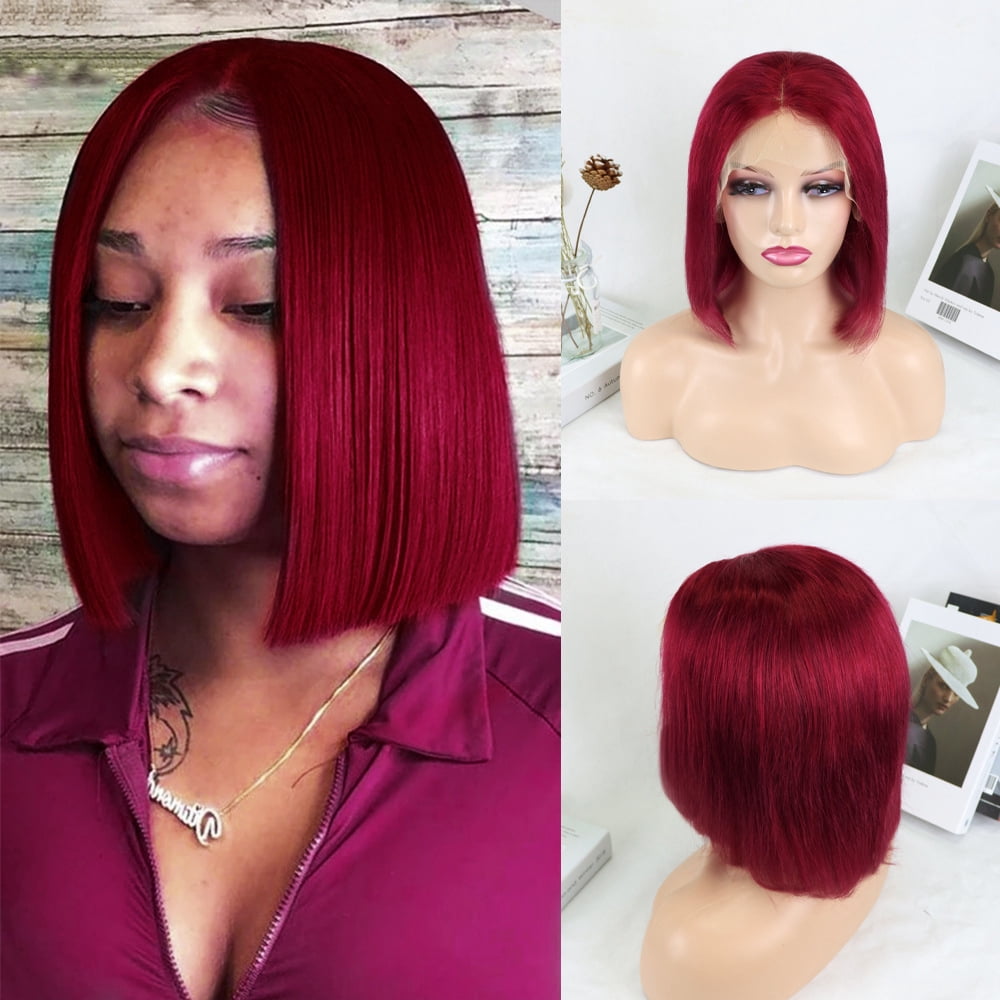 99j# Human Hair Wigs 13x4 Lace Front Bob Wigs Pre plucked with Baby Hair 10inch Silky Straight Bleached Knots Wig 150% Density Red Colored