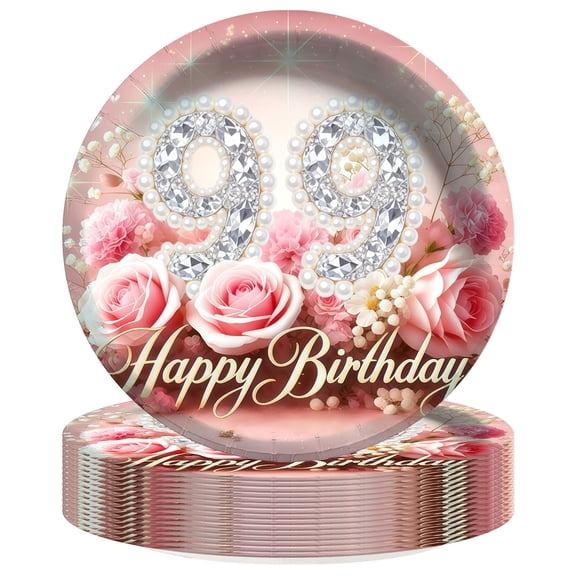 99th Rose Gold Glitter Theme Paper Plates Birthday Party Supplies Decorations 16pcs Tableware Disposable Dinnerware