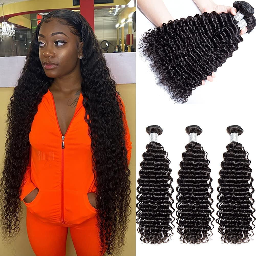 9A Deep Wave Wavy Extensions 100% Human Remy Unprocessed Virgin Hair Natural Black Color 1B - 20,22,22 INCH (3 Bundles)