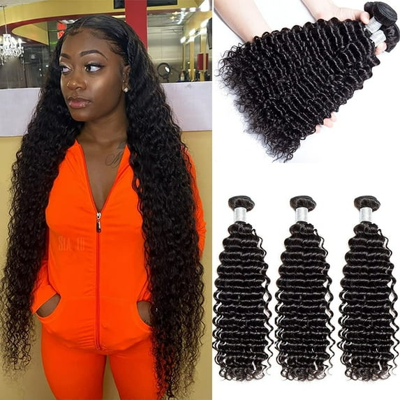 9A Deep Wave Wavy Extensions 100% Human Remy Unprocessed Virgin Hair Natural Black Color 1B - 24,26,28 INCH (3 Bundles)