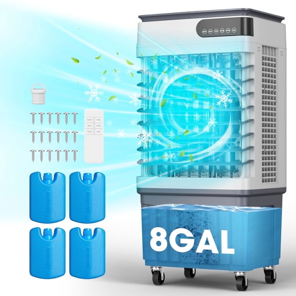 UrbanSync Evaporative Air Cooler, 3d Cooling, 8 Gallon Tank, 3 Speeds, 12 Hour Timer, 4 Ice Boxes, Indoor or Outdoor Use
