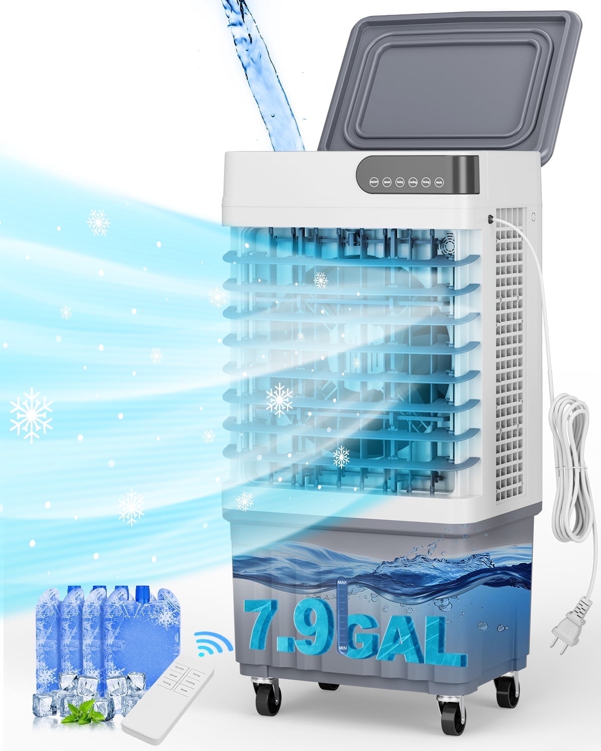 Manastin Portable Air Cooler, 3d Cooling, 8 Gallon Tank, 3 Speeds, 12 Hour Timer, 4 Ice Boxes, Indoor or Outdoor Use
