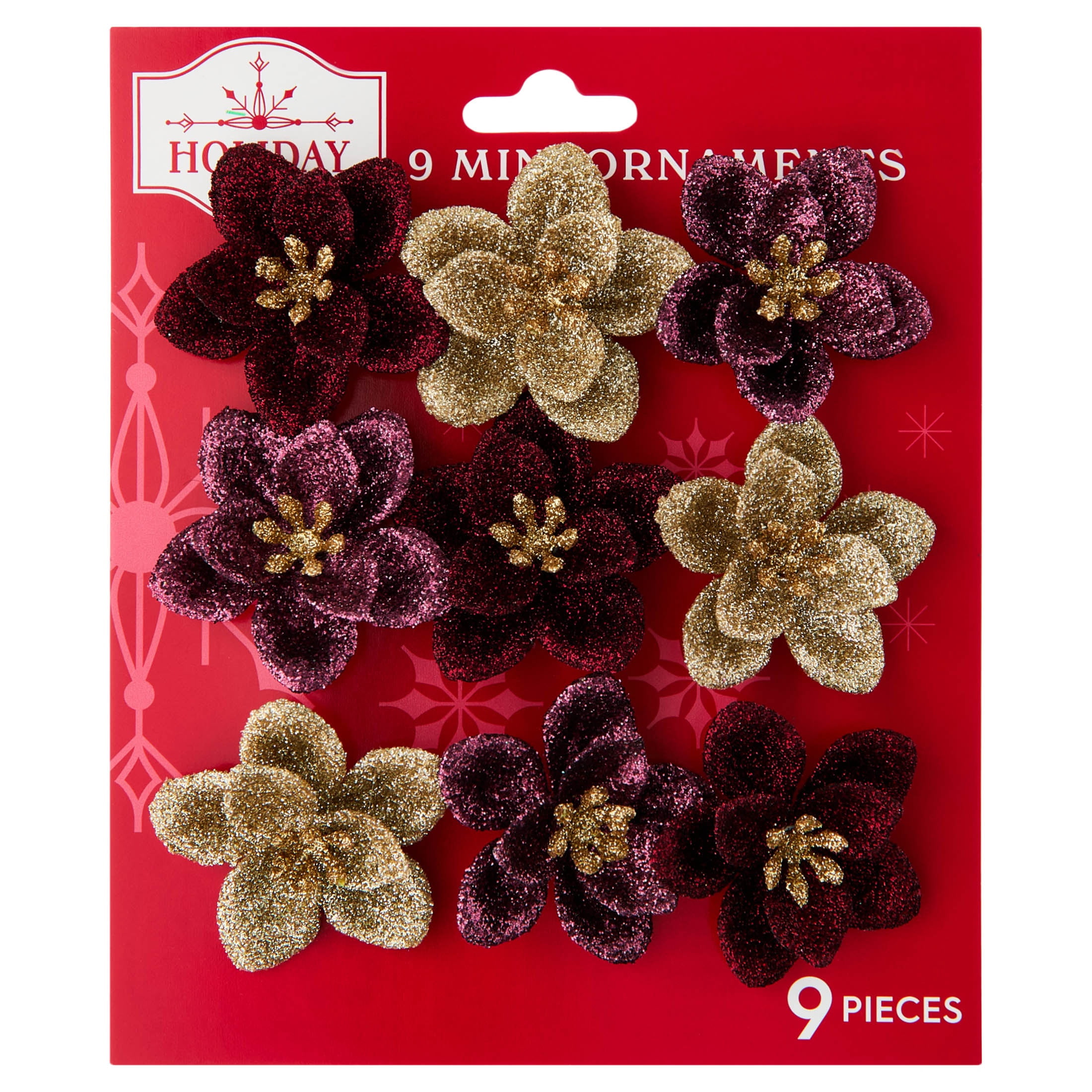 9-Count Red and Gold Glitter Flower Mini Christmas Ornaments, 1.8", by Holiday Time