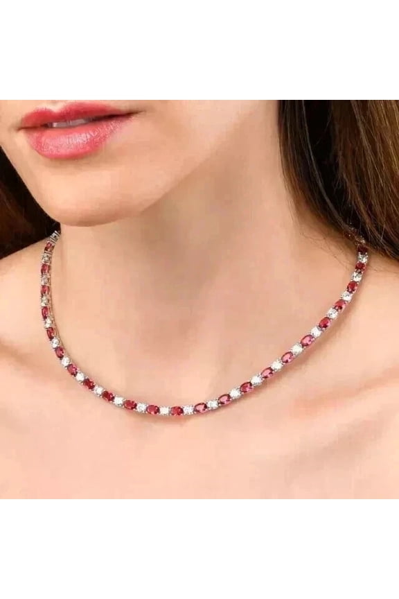 9CT Oval Lab Created Ruby Women's Tennis Women's Necklace 14K Wh Gold Plated 18"