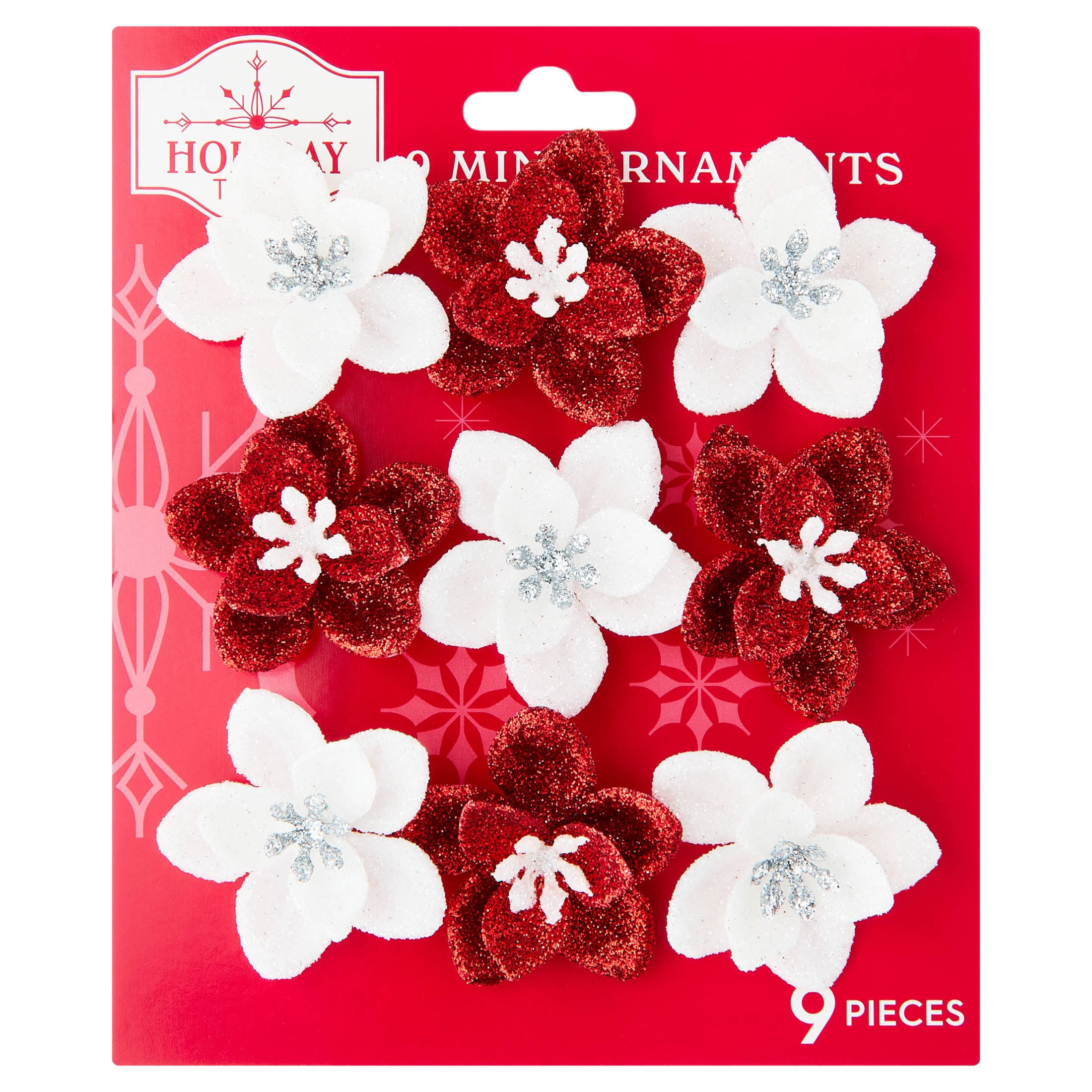9-Count Red and White Glitter Flower Mini Christmas Ornaments, 1.8", by Holiday Time