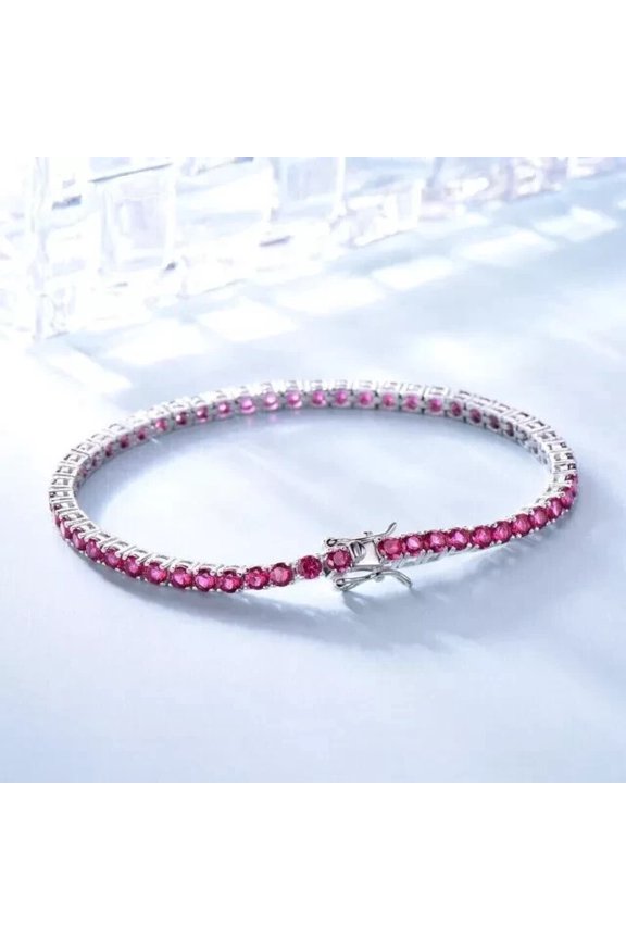 9Ct Round Cut Lab Created Red Ruby Tennis Bracelet 14K White Gold Plated 3MM 7IN