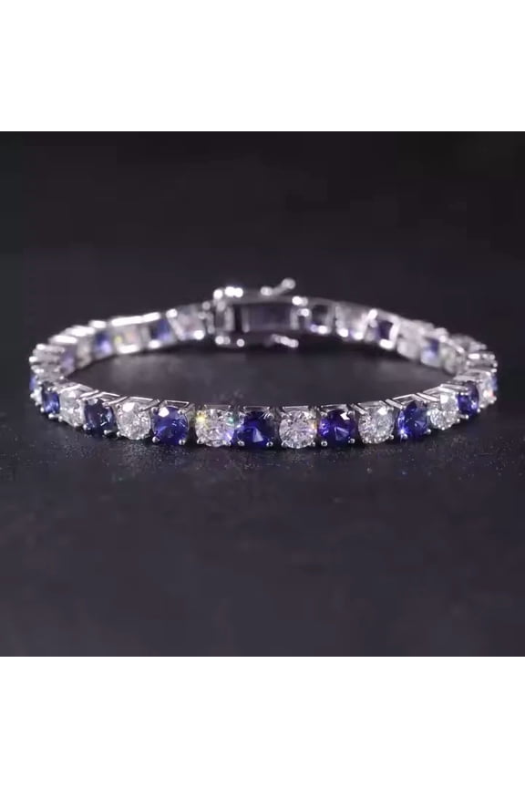 9Ct Round Lab-Created Sapphire & Diamond Tennis Bracelet 7.5 Inch, 14K White Gold Plated, Elegant Womens Cubic Zirconia Jewelry Gift