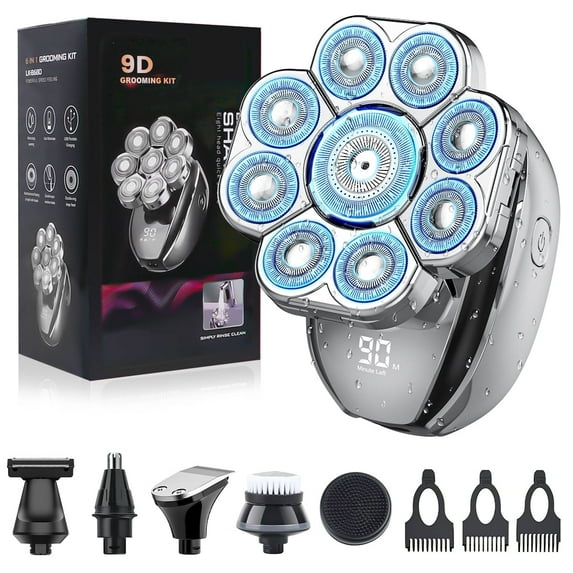 9D Head Shavers for Bald Men, Anti-Pinch Electric Razor, 6-in-1 Men’s Grooming Kit Beard Nose Hair Trimmer, IPX7 Waterproof Rechargeable Electric Shaver W/ LED Display, Travel Lock for Father Husband