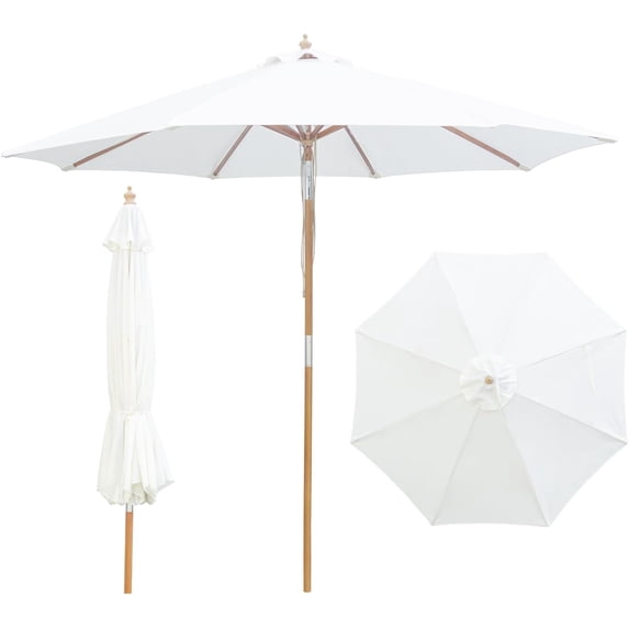 9FT/10FT Bamboo Patio Umbrella, Large Outdoor Umbrella with UPF 50+ Sun Protection, Rope Pulley Lift & Push-Button Tilt, 8-Rib Ventilated Canopy for Garden, Deck, Backyard & Outdoor Dining