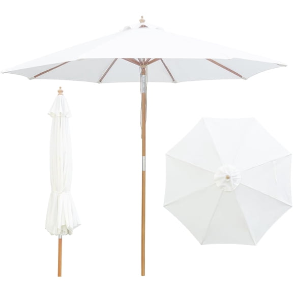9FT/10FT Bamboo Patio Umbrella, Large Outdoor Umbrella with UPF 50+ Sun Protection, Rope Pulley Lift & Push-Button Tilt, 8-Rib Ventilated Canopy for Garden, Deck, Backyard & Outdoor Dining