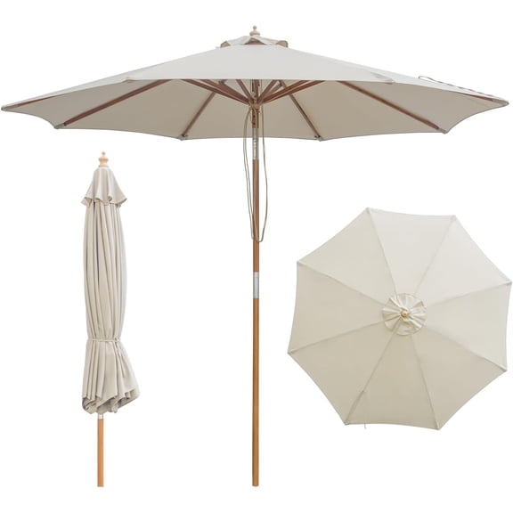 9FT/10FT Bamboo Patio Umbrella, Large Outdoor Umbrella with UPF 50+ Sun Protection, Rope Pulley Lift & Push-Button Tilt, 8-Rib Ventilated Canopy for Garden, Deck, Backyard Dining