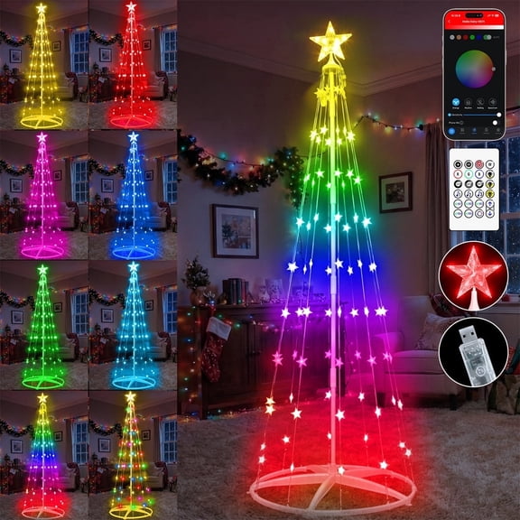 7FT 90 Star-Shaped Smart Christmas Cone Tree with LED Lights USB Powered App & Remote Controlled RGB Color Changing Pre-Lit Tree Music Sync DIY Lighting Effects Holiday Decoration