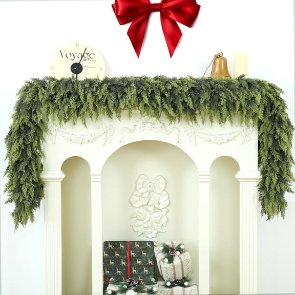 9FT Double Fullness Christmas Cedar Garland with 280 Tips Cedar Branches Artificial Realistic Thick Soft Green Faux Winter Greenery Pine Garlands for Fireplace Mantel Table Doorframe
