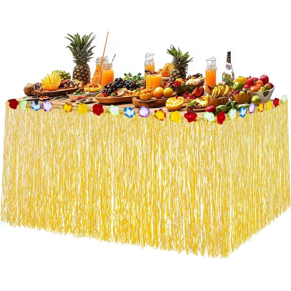 9FT 29 Inch Waterproof Plastic Fringe Grass Table Skirt, Hawaiian & Jungle Themed Table Decor Fringe Trim for Tropical Party, Luau and Event Layout