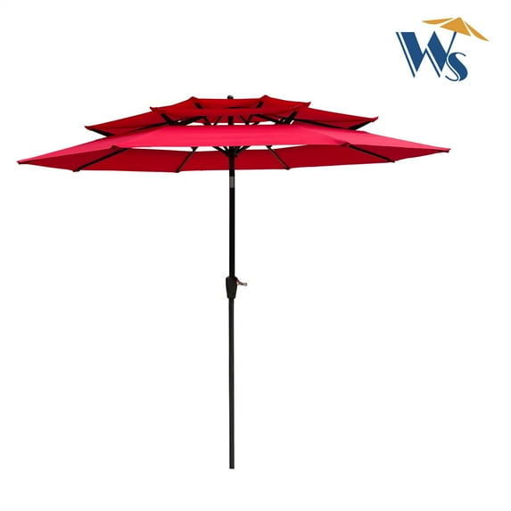 9FT 3-Tiers Outdoor Patio Umbrella, Market Round Umbrella with Crank & Tilt and Wind Vents, Outdoor Garden Umbrellas for Garden Deck Swimming Pool, Red