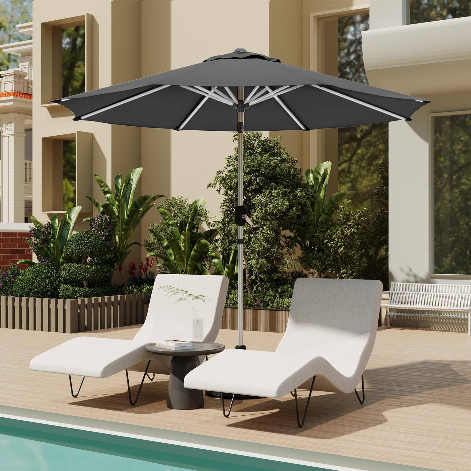9FT Aluminum Outdoor Patio Umbrella, Fade-Resistant Market Umbrella with Push Button Tilt Function, 8 Sturdy All-Aluminum Ribs for Gardens, Patios, Backyards & Pools (Grey)