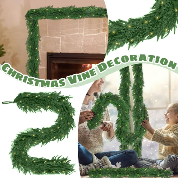 9FT Artificial Christmas Garland with Lights, Real Touch Norfolk Pine Garland, Green Christmas Garland for Mantle, Table, Fireplace, Indoor, Outdoor Christmas Decorations