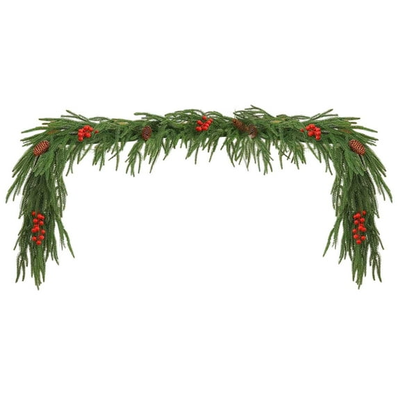 9FT Artificial Christmas Garland, Real Touch Norfolk Pine Garland with Pine Cones & Red Berries for Fireplace Mantle, Staircase, Indoor Outdoor Xmas Decorations
