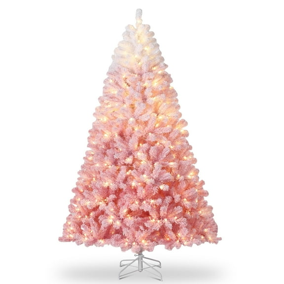9FT Artificial Christmas Tree, Prelit Flocked Pink Gradient Tree with Lights Branch Tips Foldable Base for Holiday Party Decor