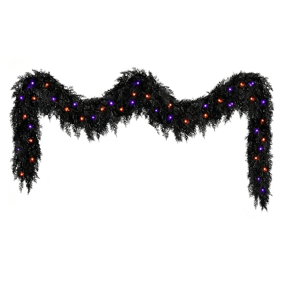 9FT Black Halloween Cedar Garland, Pre-Lit Artificial Garland with Lights for Mantle Fireplace Porch Table Holiday Decor