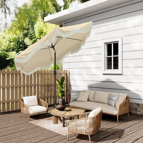 9FT Boho Fringe Umbrella Outdoor Patio, UPF 50+ Tassel Beach Umbrella with 8 Windproof Fiberglass Ribs, Waterproof Polyester with Tilt Design for Pool, Garden, Backyard,Tropical Decor
