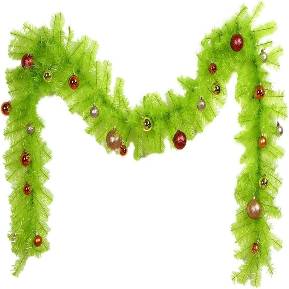 9FT Bright Green Christmas Garland with Balls – Whimsical Holiday Greenery Garland for Indoor Outdoor Decorations, Xmas Mantel, Fireplace, Staircase, Railing, Front Door & Porch Festive Décor