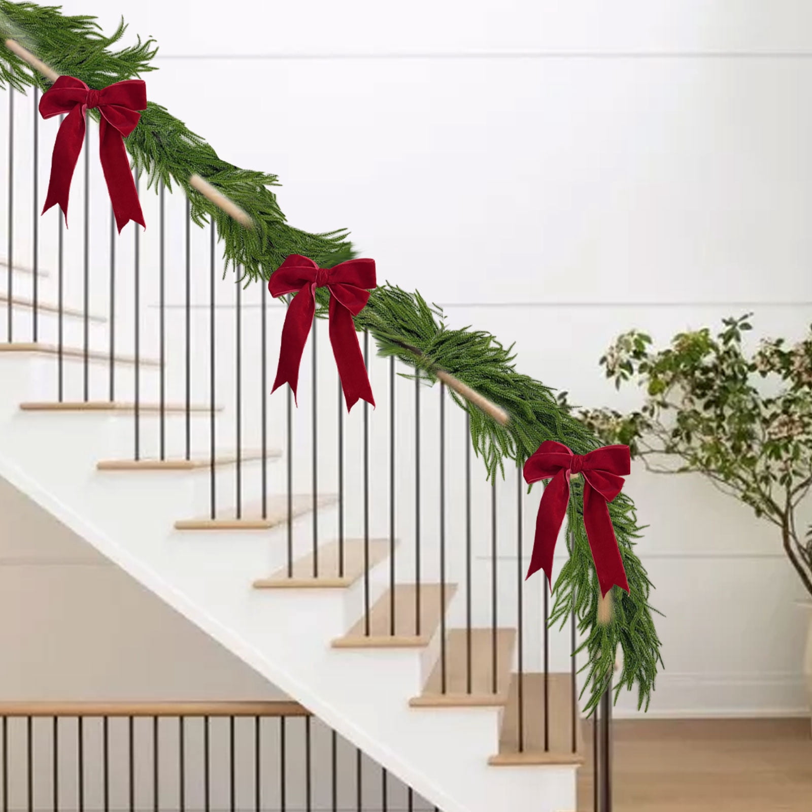 Fake Ruby Large 9FT Christmas Artificial Pine Garland with 3 Red Velvet Bows, Real ...