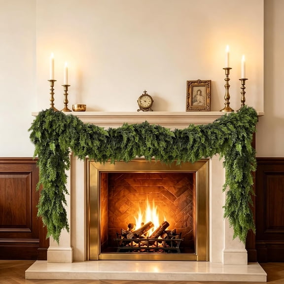 9FT Christmas Cedar Garland Real Touch Artificial Greenery Garland Winter Pine Boughs for Fireplace Mantel Holiday Home Decors