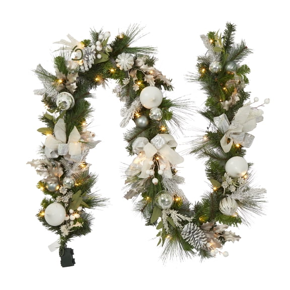 9FT Christmas Decorations Artificial Christmas Garland,Prelit Red White Christmas Garland with Battery Operated Ball Ornaments Bow and Candy Cane, Xmas Garland for Indoor Outdoor Fireplace Banister