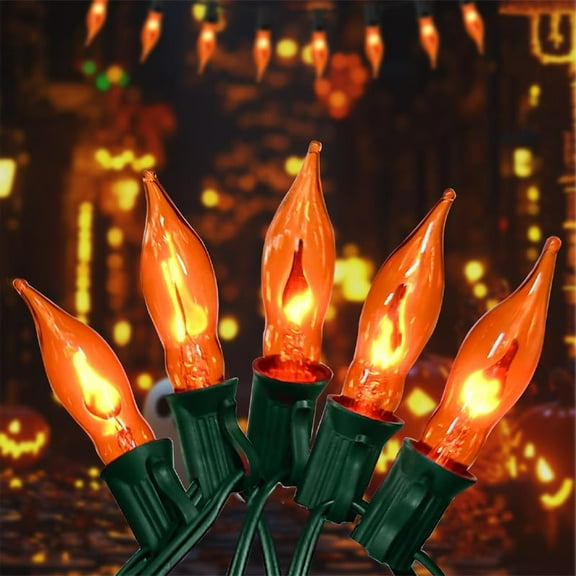 9FT Christmas Flicker Flame String Lights, Real Flame Action Amber Flame Light, C18 Outdoor Patio Lights with Green Wire,Connectable Perfect for Outdoor Halloween Christmas Decoration
