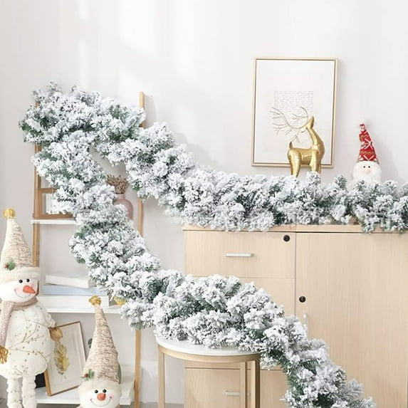 9FT Christmas Garland, Artificial Snow Flocked Christmas Decorations Christmas Decor Garland Realistic DIY-Friendly Flexible PVC Garland for Mantel, Front Door, Window