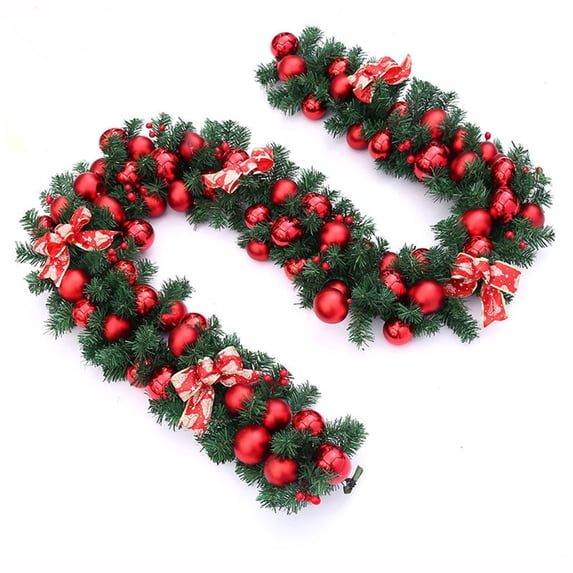 9FT Christmas Garland Decorations Pine Garland with Berry Pine Cone Poinsettia Balls Ornament Artificial Green Garland for Patio Eaves Railing Porch Door Staircase Yard Holiday