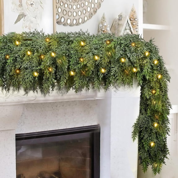 9FT Christmas Garland, Real Touch Soft & Thickness Winter Cedar Garland for Christmas Decorations, Greenery Garland for Table, Mantel, Wall, Indoor Outdoor Xmas Decor