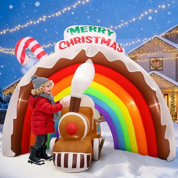 9FT Christmas Inflatables Rainbow Arch with Gingerbread Train, Large Blow Up Christmas Yard Decoration with Flashing LED Lights, Colorful Outdoor Inflatable Archway for Holiday Garden, Lawn & Patio