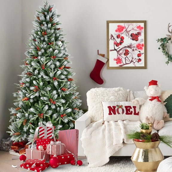 9FT Christmas Tree with 3750 Tips, Red Berries & Pine Cones - Snow-Dusted PE+PVC Branches, Hinged Design, Sturdy Metal Stand for Easy Setup, Natural Holiday Tree Decoration