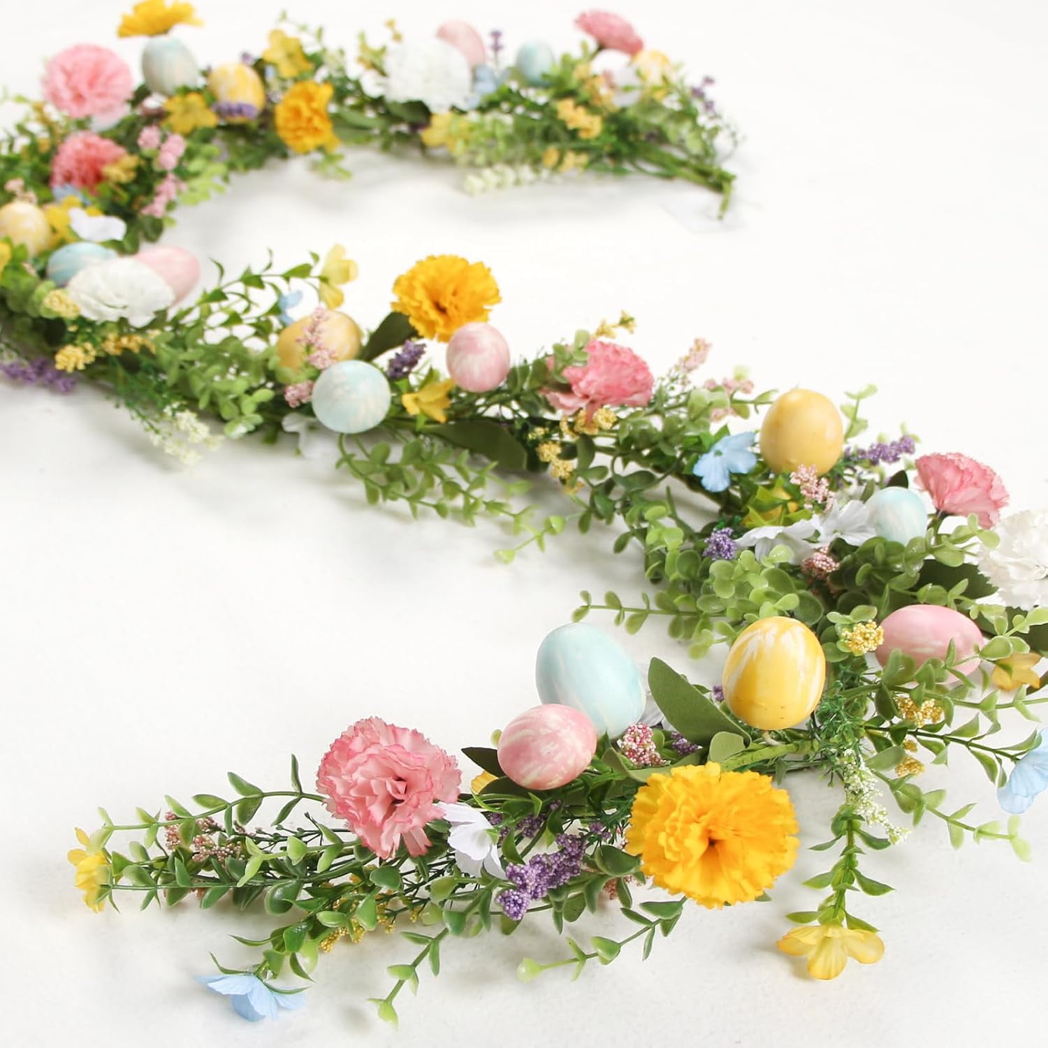 9FT Easter Garland Spring Vine with Easter Eggs Flowers Berries for Rustic Mantle Arch Home Table Tree Decoration(Eucalyptus leaves)