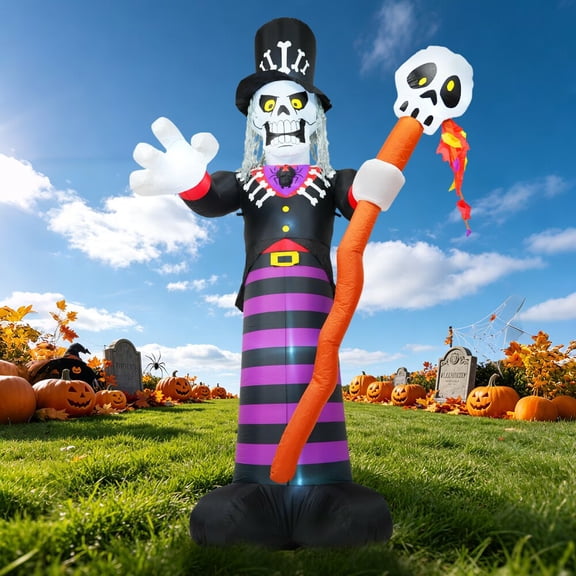 9FT Halloween Inflatables Outdoor Decorations, Scary Skull Reaper with Hat and Scepter Build-in LEDs Blow Up Yard Decor for Halloween Party Yard Garden Lawn Party Supplies