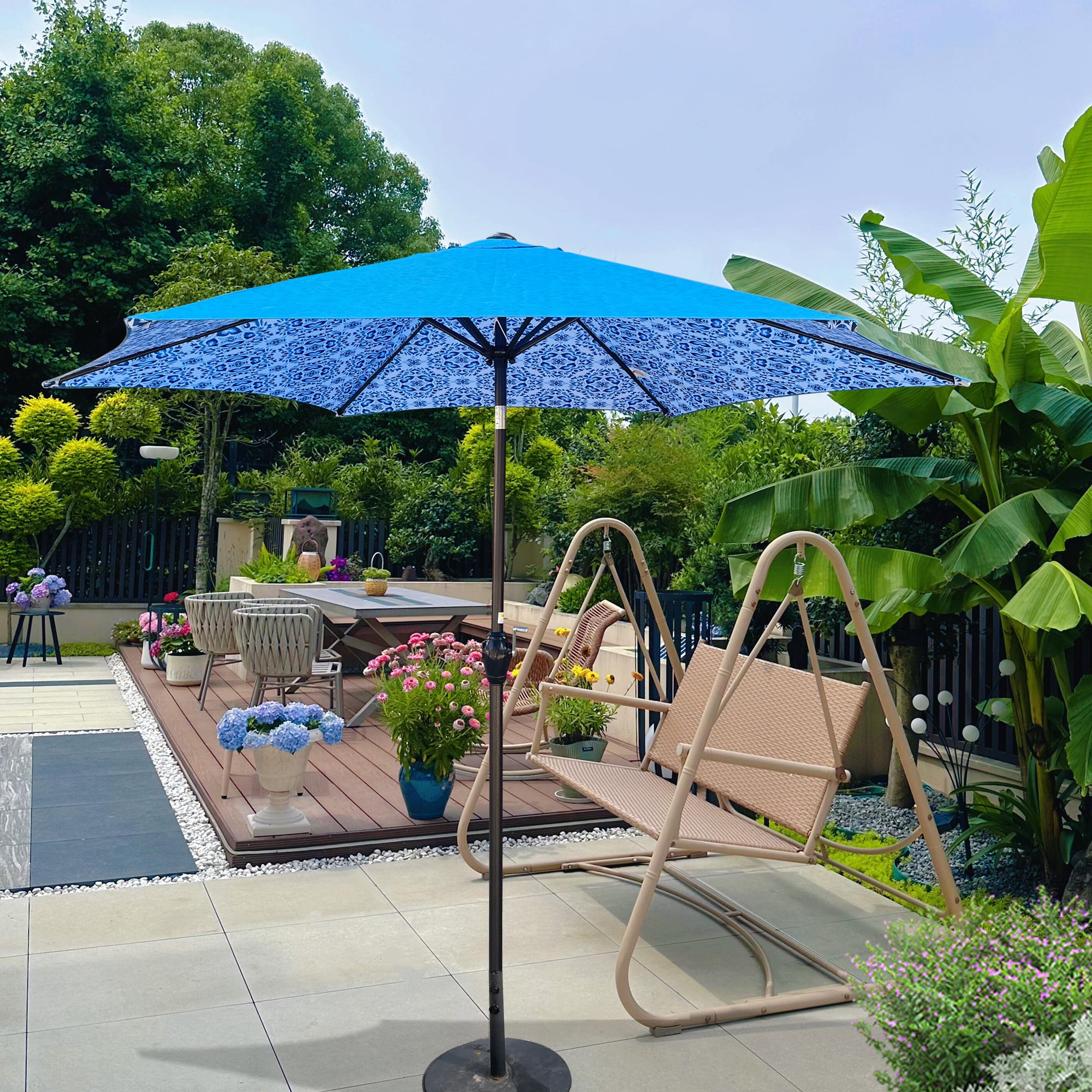 9FT Ice‑Pattern Blue Hexagon Patio Umbrella, Push‑Button 45° Tilt Crank Lift Outdoor Umbrella, UPF40+ UV‑Water‑Weather Resistant Steel Pole Backyard Pool Umbrella (Base Not Included)
