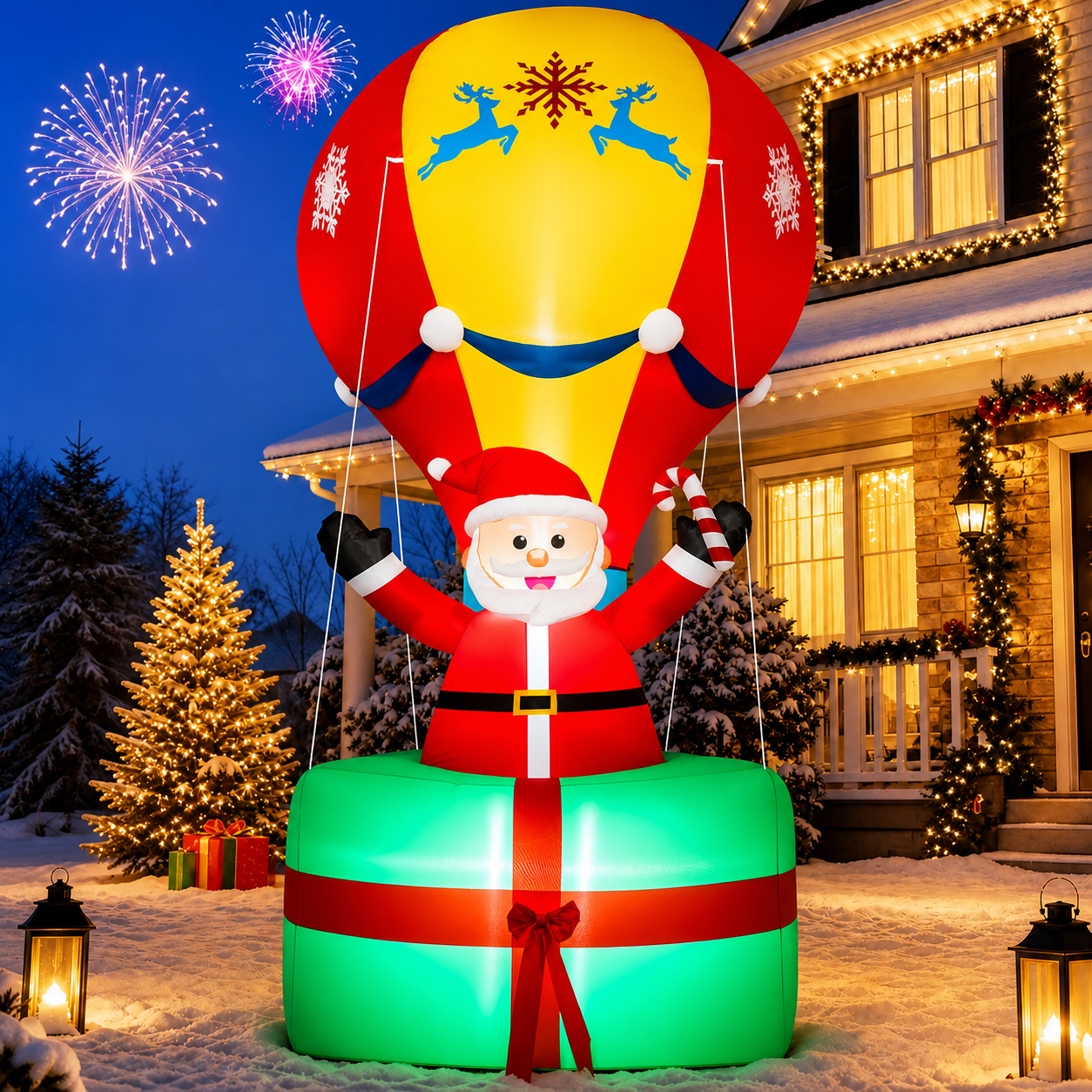 9ft Christmas Inflatables Santa Claus Hot Air Balloon Decoration, Blow Up Outdoor Yard Decor, Built in Bright LED Lights Holiday Inflatable Decoration for Party Garden Lawn
