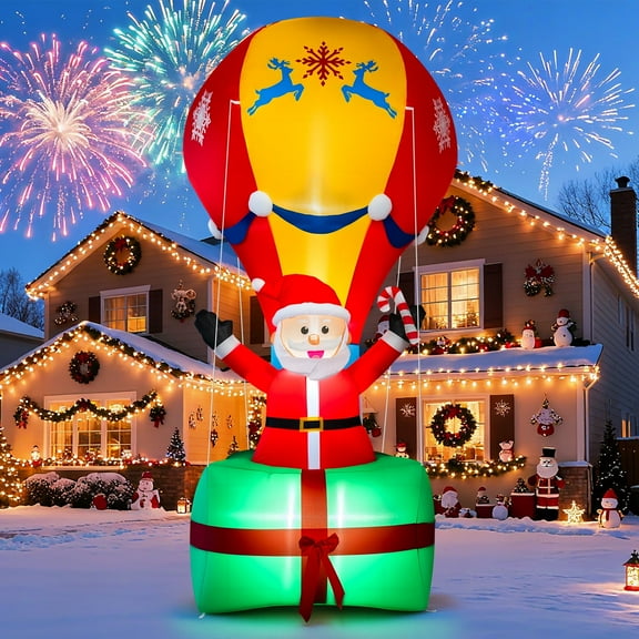 9ft Christmas Inflatables Santa Claus in Hot Air Balloon Decoration, Blow Up Outdoor Yard Decor, Built in LED Lights Holiday Inflatable Decoration for Party Garden Lawn