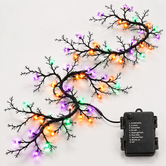 9FT-Orange&Purple&Green 72 LED Willow Vine Twig Garland Lights for Holiday Decor