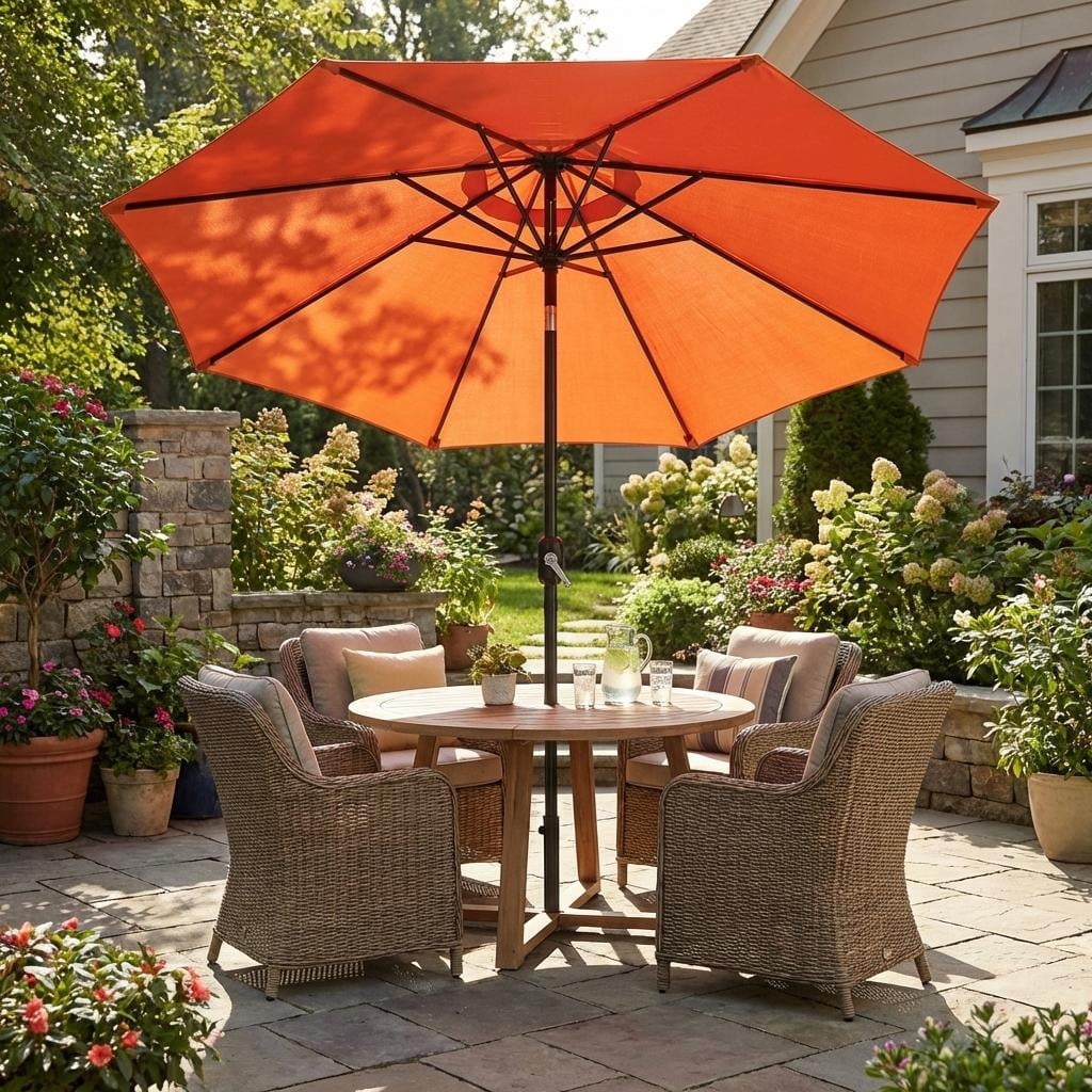 9FT Outdoor Double-Layer Patio Umbrella, 8 Ribs Iron Frame, Crank Lift & Tilt, Detachable Pole for Market Table, Garden, Poolside