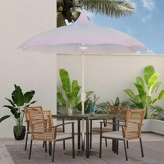 9FT Outdoor Pagoda Patio Umbrella with Lights & 360 Rotation, Petal Design Canopy for Deck, Poolside, GardenBule)