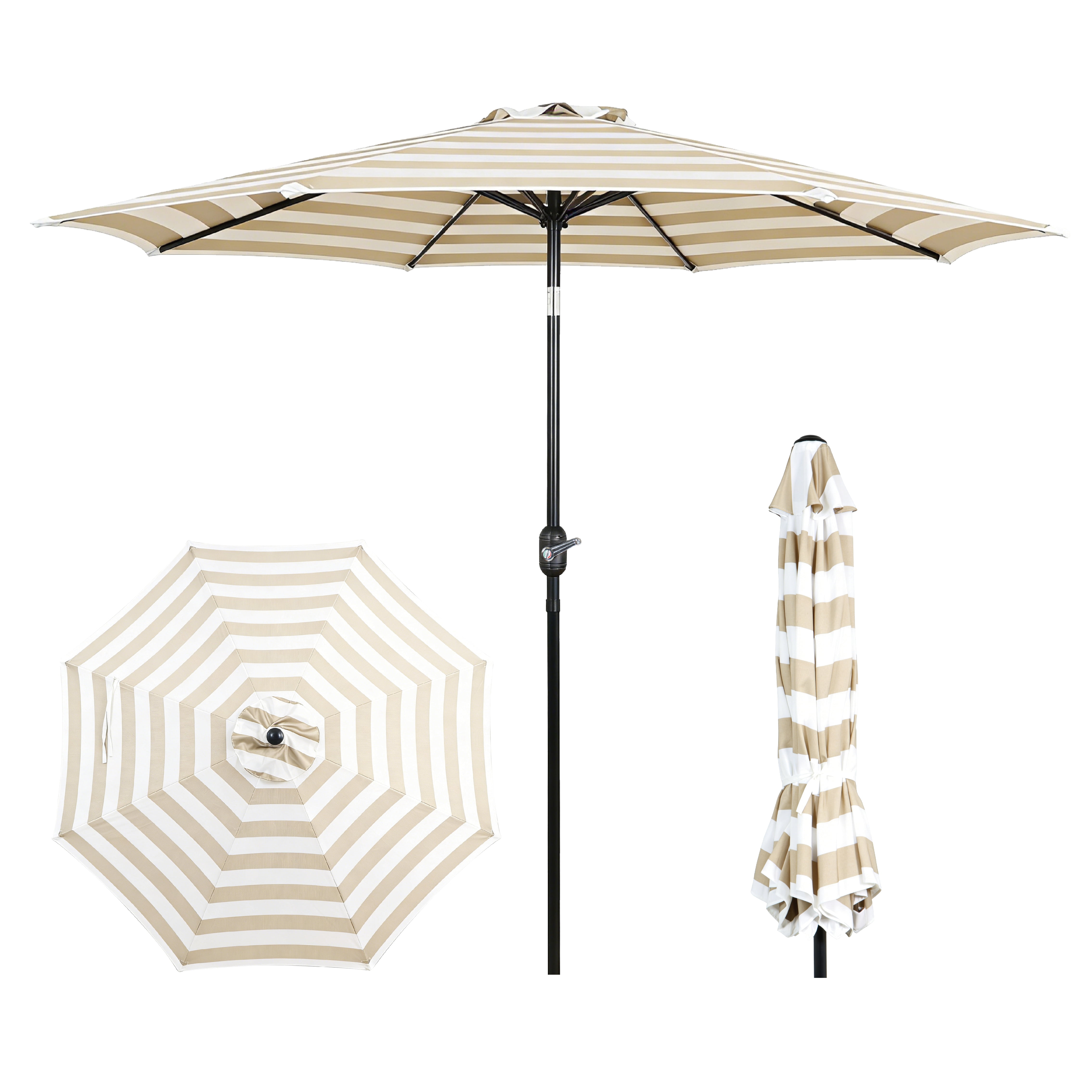 9FT Outdoor Patio Umbrella Beige White Stripe with Crank Lift and Tilt Decorative Striped Canopy UV Blocking Water Repellent for Backyard Garden